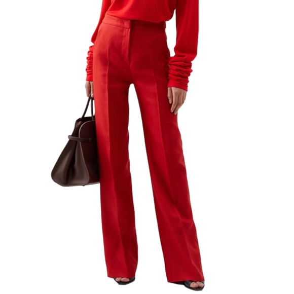 MaxMara Pants - Max Mara Studio Red Cotton Wide Leg Trousers US 10 Unfinished Hem